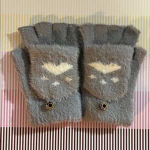 Gray and White Cozy Fingerless Gloves with Paw Print